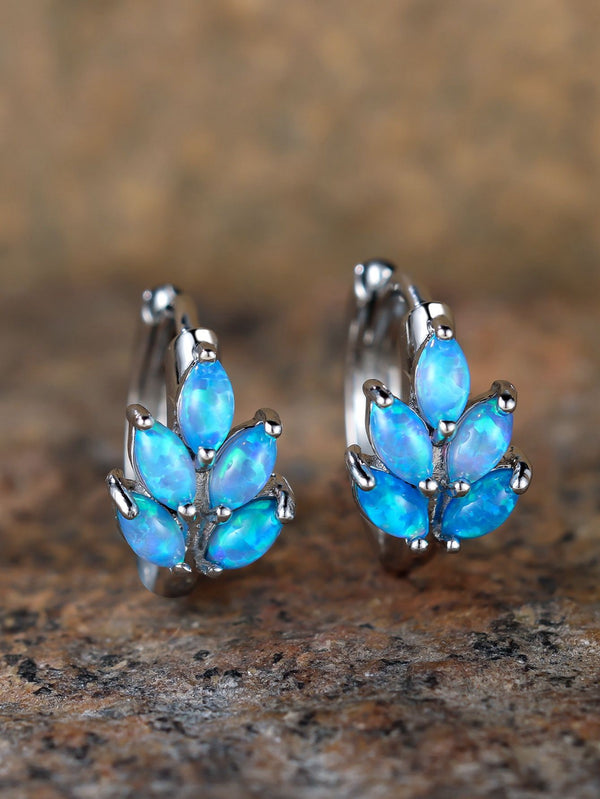 Silver-Tone Marquise Blue Simulated Opal Leaf Huggie Earrings
