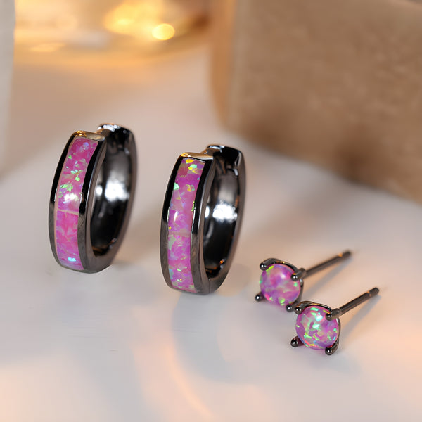 Black & Gold-Tone Purple Simulated Opal Huggie Hoop & Stud Earrings Set