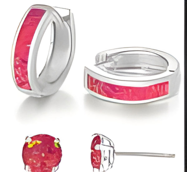 Silver-Tone Pink Simulated Opal Huggie Hoop & Stud Earrings Set