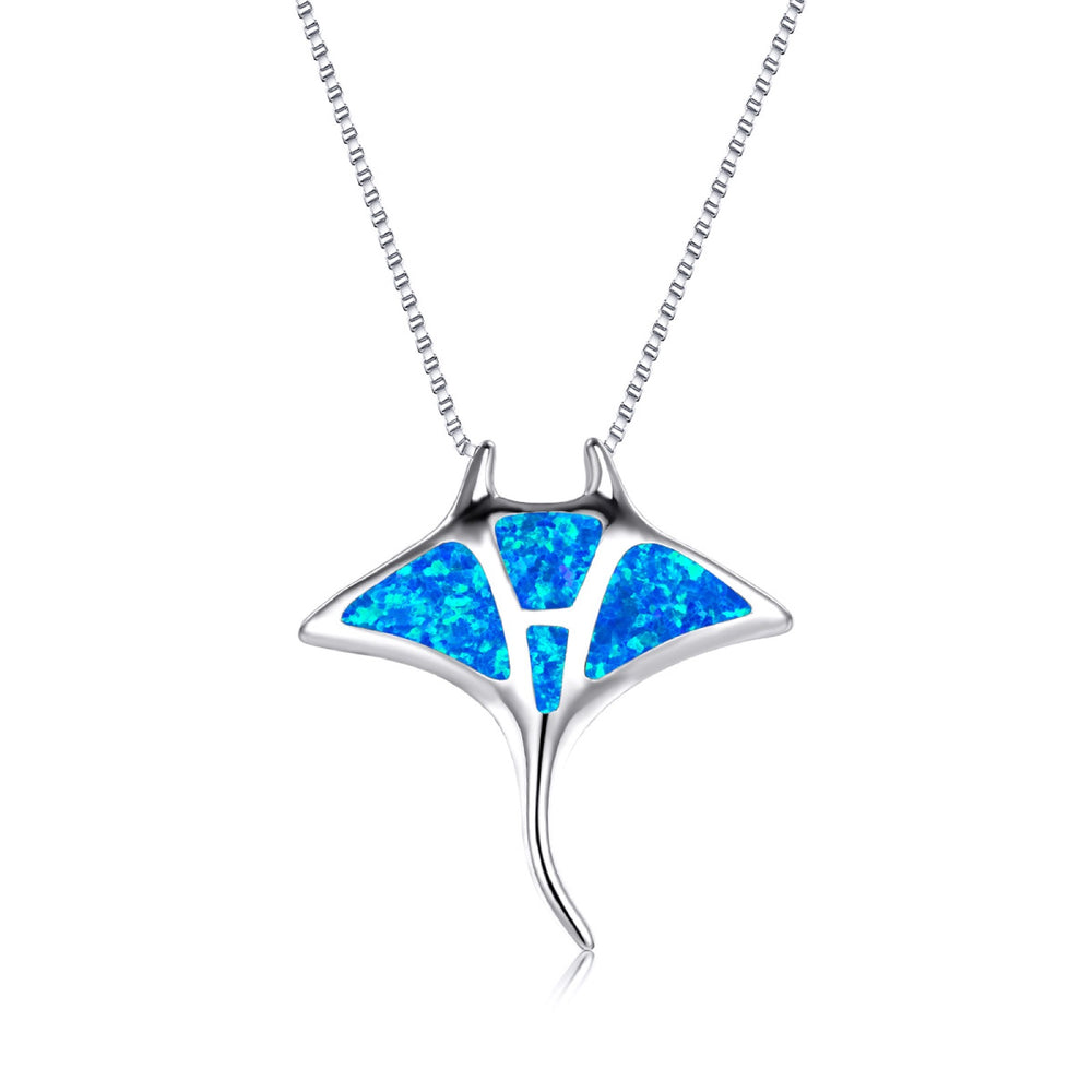 Silver-Tone Blue Simulated Opal Inlay Manta Ray Pendant Necklace