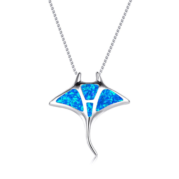 Silver-Tone Blue Simulated Opal Inlay Manta Ray Pendant Necklace