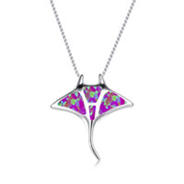Silver-Tone Purple Simulated Opal Fish Pendant Necklace