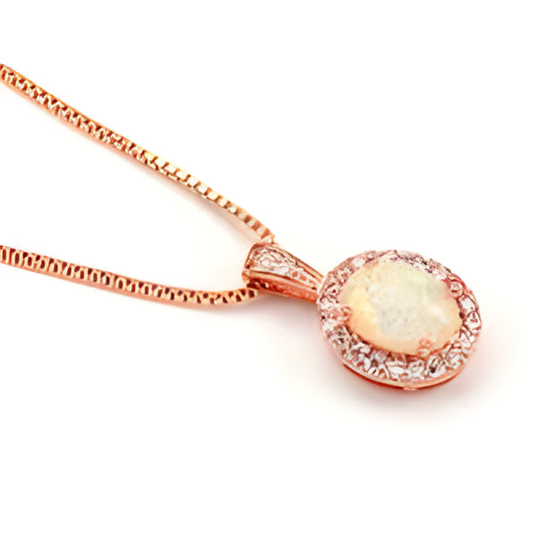 Rose Gold-Tone White Simulated Opal Micro-Set Crystal Halo Pendant Necklace