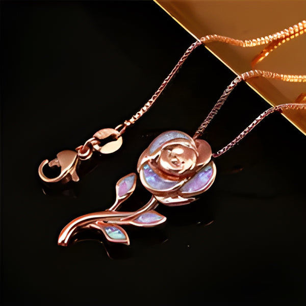 Rose Gold-Tone Purple Simulated Opal Inlay Rose Flower Pendant Necklace