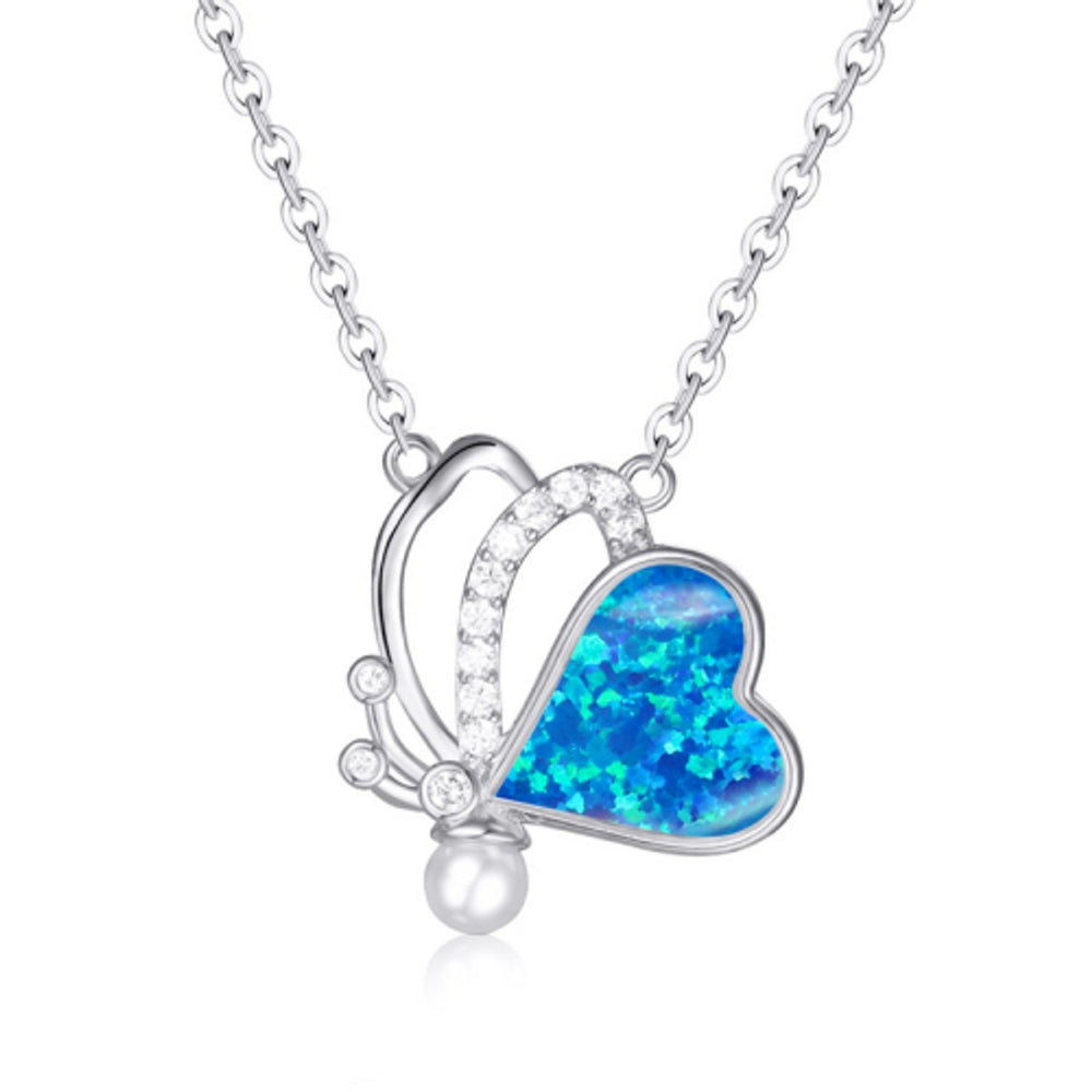 Silver-Tone Blue Simulated Opal Butterfly Pendant Necklace