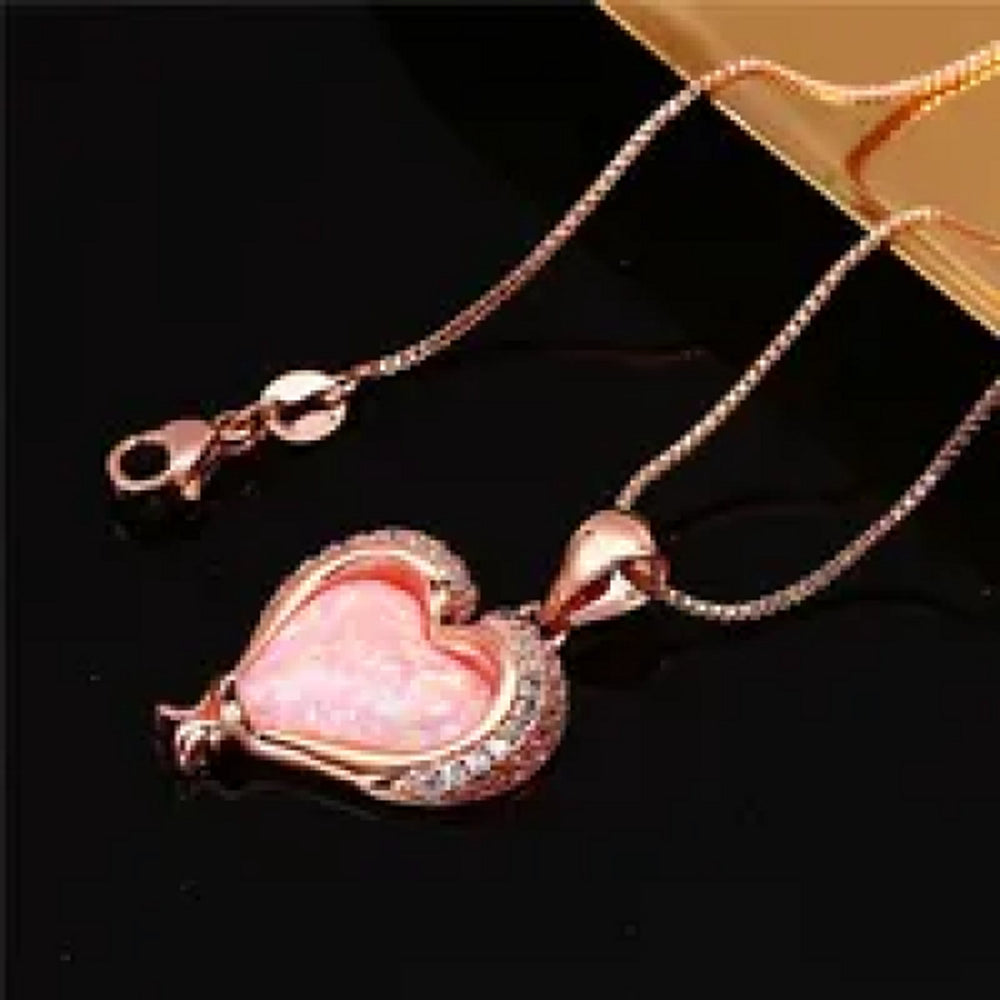 Rose Gold-Tone Asymmetric Pink Heart Simulated Opal Dolphin Necklace