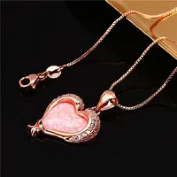 Rose Gold-Tone Asymmetric Pink Heart Simulated Opal Dolphin Necklace
