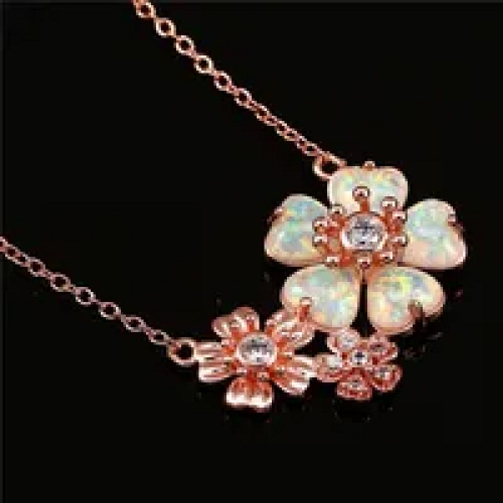 Rose Gold-Tone White Simulated Opal Five-Petal Flower Necklace