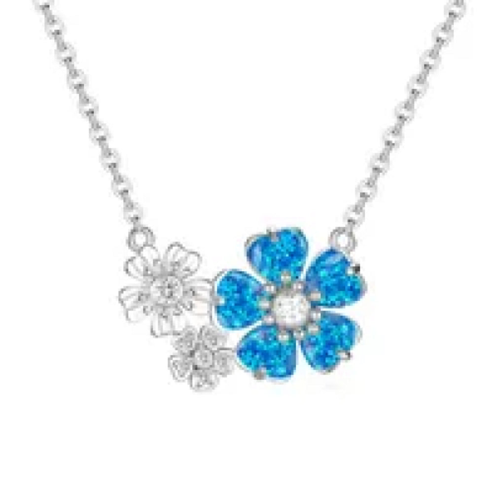 Silver-Tone Blue Simulated Opal Five-Petal Flower Necklace