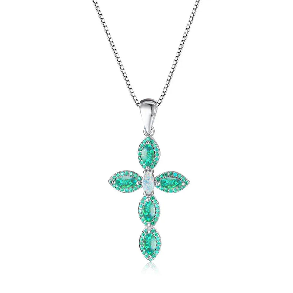 Silver-Tone Micro-Pave Green Crystal Cross Necklace