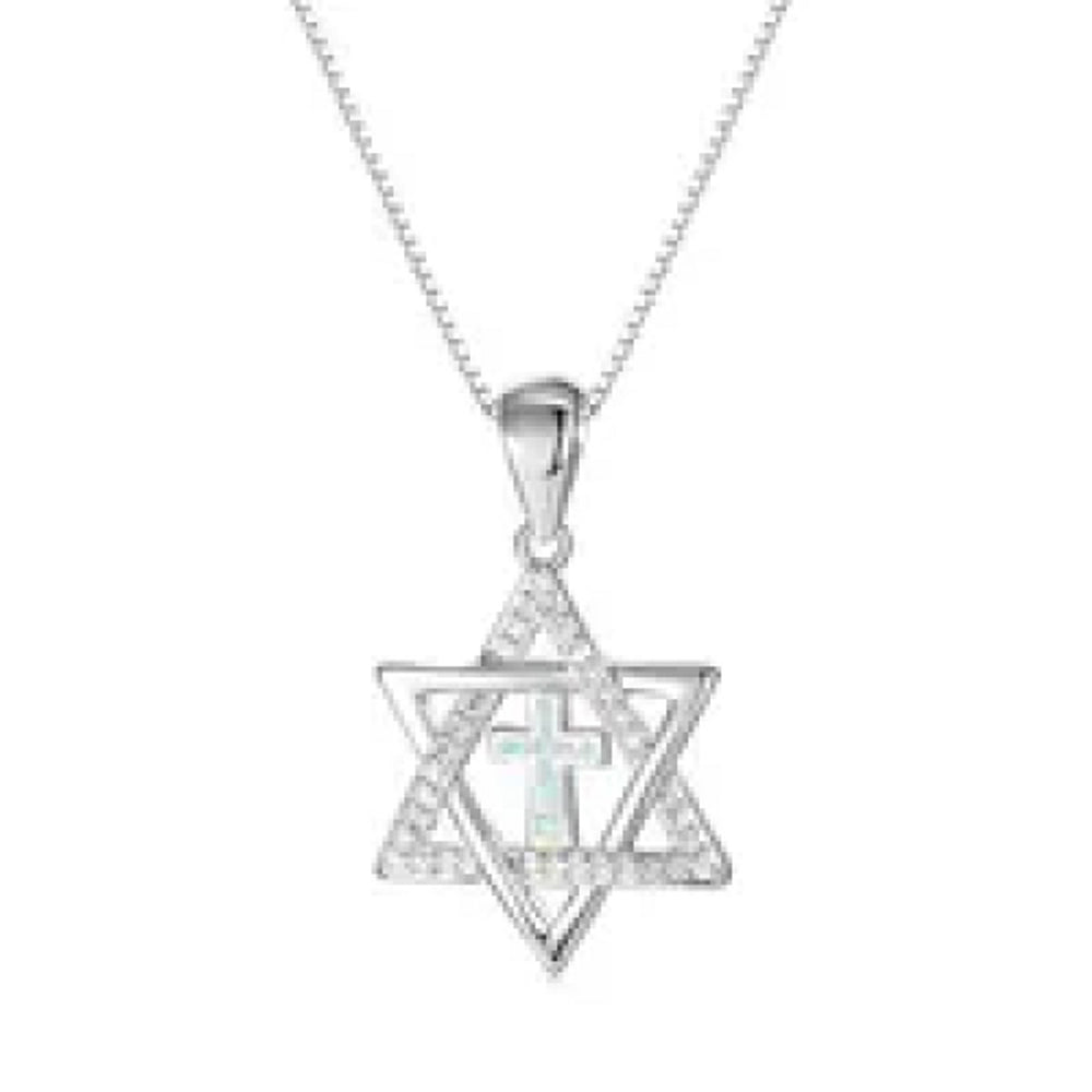Silver-Tone White Simulated Opal Cross Necklace