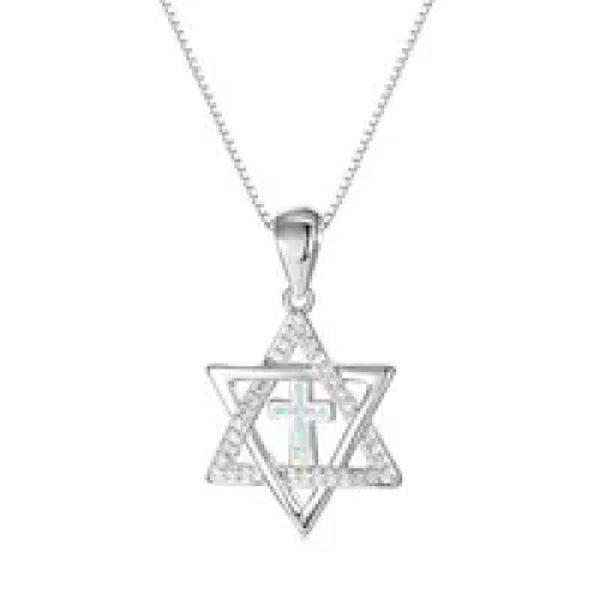 Silver-Tone White Simulated Opal Cross Necklace