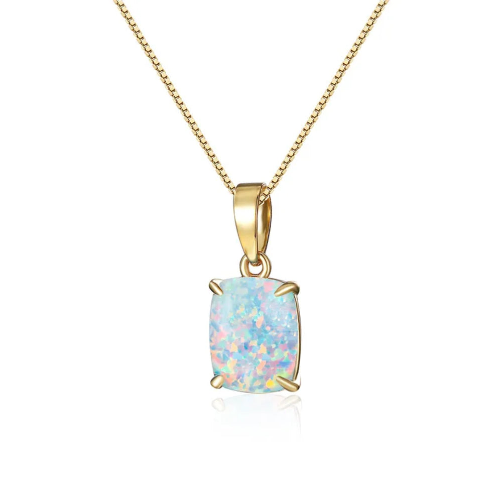 Gold-Tone Cushion White Simulated Opal Solitaire Pendant Necklace