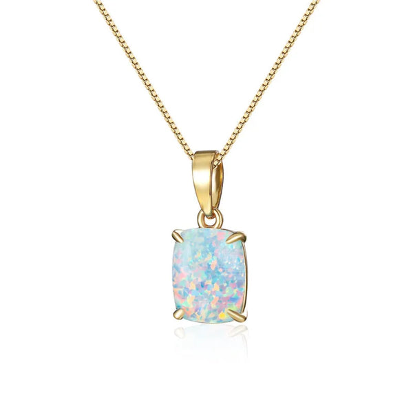 Gold-Tone Cushion White Simulated Opal Solitaire Pendant Necklace
