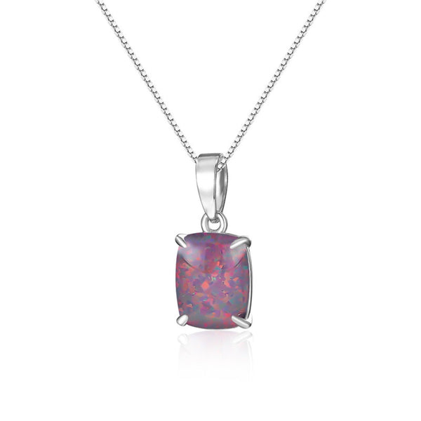 Silver-Tone Cushion Black Simulated Opal Pendant Necklace