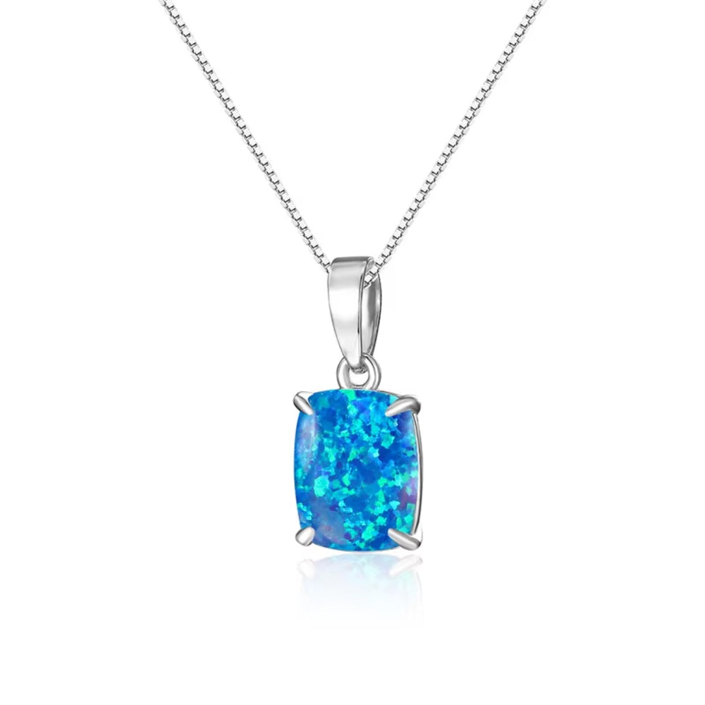 Silver-Tone Cushion Blue Simulated Opal Solitaire Pendant Necklace