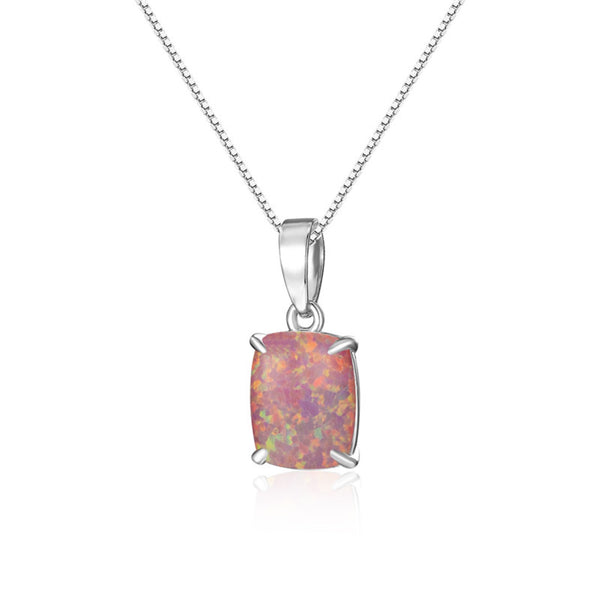 Silver-Tone Cushion Light Purple Simulated Opal Pendant Necklace
