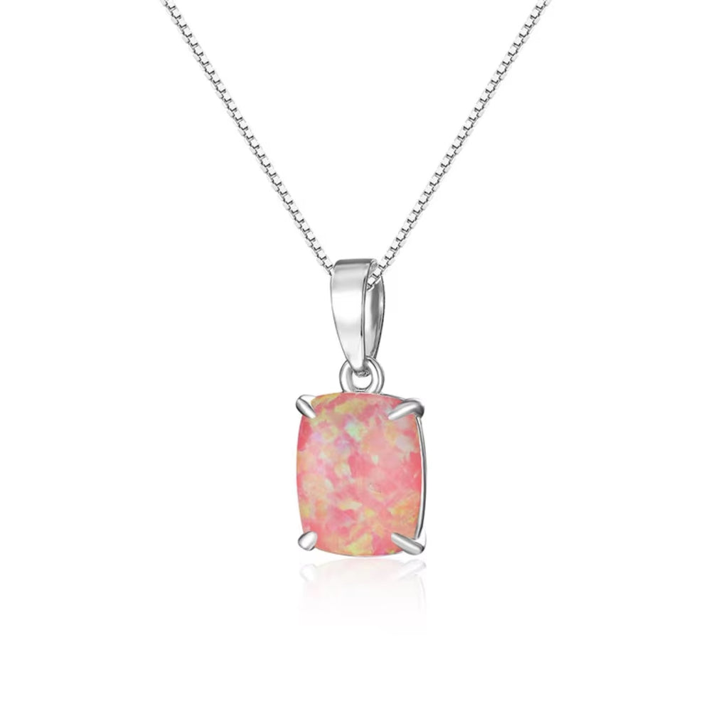 Silver-Tone Cushion Pink Simulated Opal Solitaire Pendant Necklace