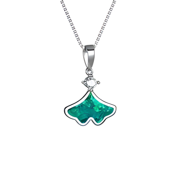 Silver-Tone Green Simulated Opal Inlay Ginkgo Leaf Pendant Necklace
