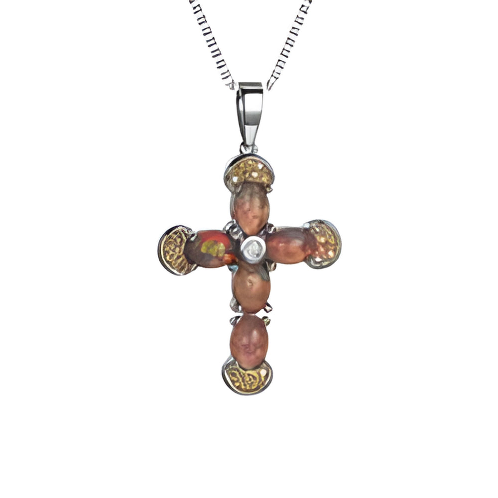 Silver-Tone Orange Simulated Opal Cross Micro-Pave Crystal Pendant Necklace