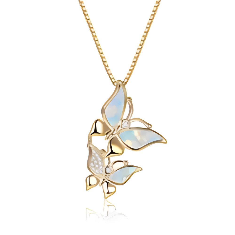 Gold-Tone White Simulated Opal Double Butterfly Pendant Necklace