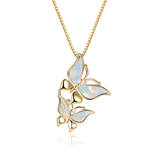 Gold-Tone White Simulated Opal Double Butterfly Pendant Necklace