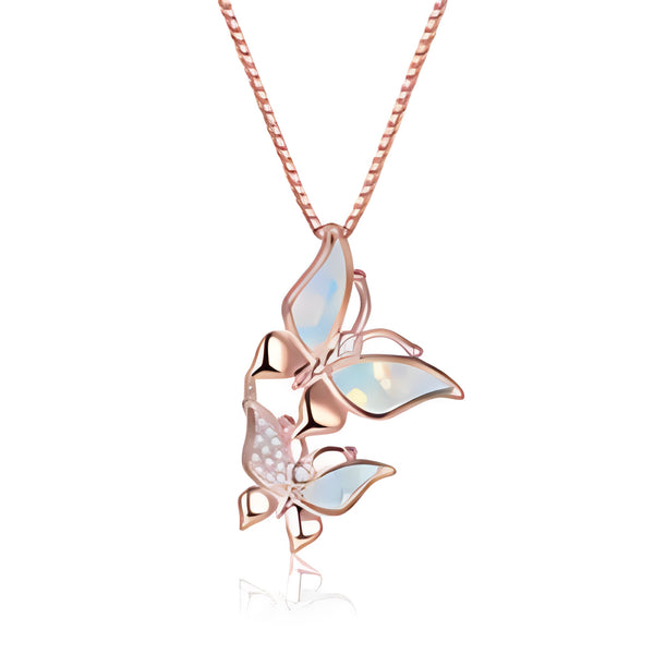Rose Gold-Tone White Simulated Opal Double Butterfly Pendant Necklace