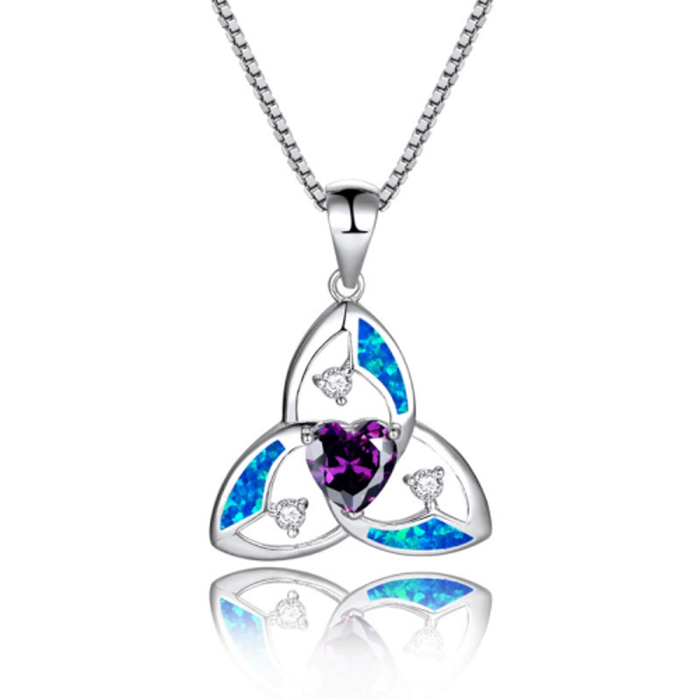 Silver-Tone Purple Simulated Opal Heart Pendant Necklace