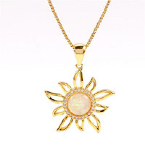 Gold-Tone Haloed White Round Simulated Opal Sunflower Pendant Necklace