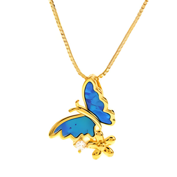 Gold-Tone Blue Simulated Opal Butterfly Flower Pendant Necklace