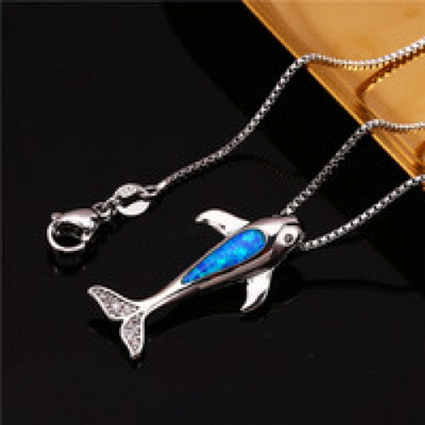 Silver-Tone Dimensional Blue Simulated Opal Fish Pendant Necklace