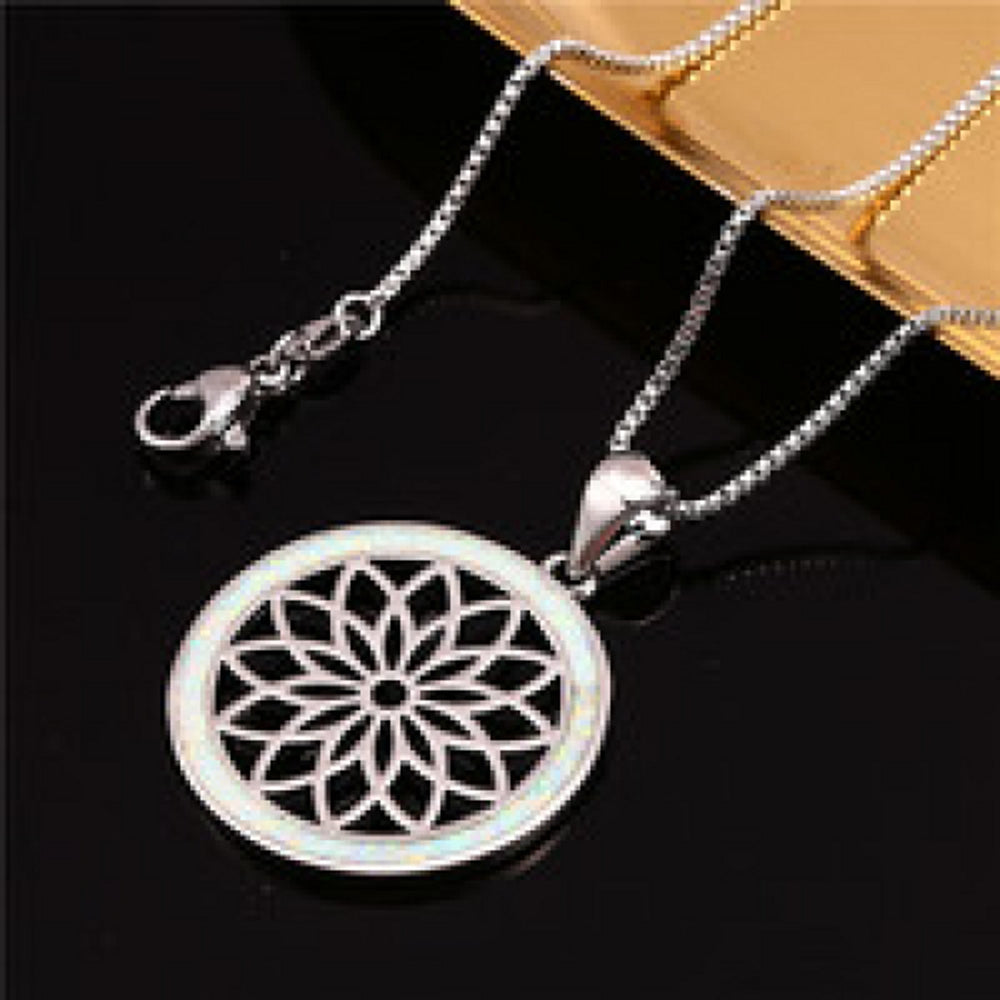 Silver-Tone Openwork White Round Simulated Opal Pendant Necklace