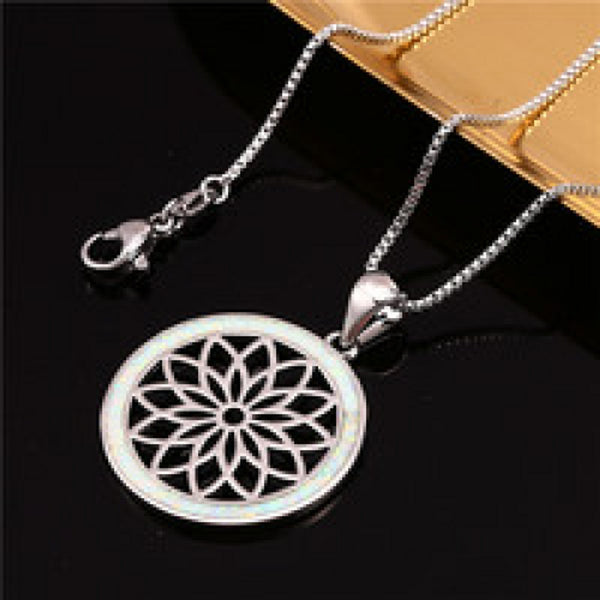 Silver-Tone Openwork White Round Simulated Opal Pendant Necklace