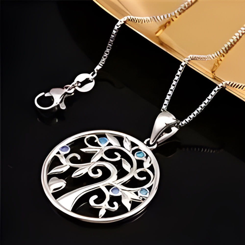 Silver-Tone Blue Simulated Opal Accent Tree of Life Circle Pendant Necklace