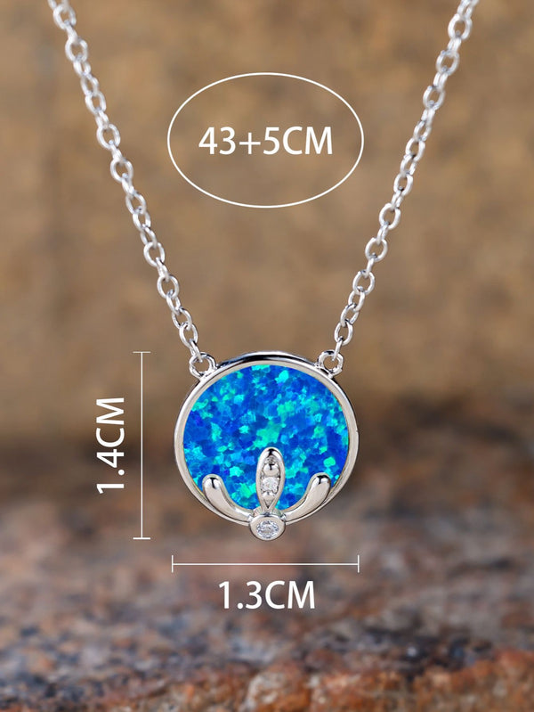 Silver-Tone Blue Simulated Opal Round Seaweed Pendant Necklace