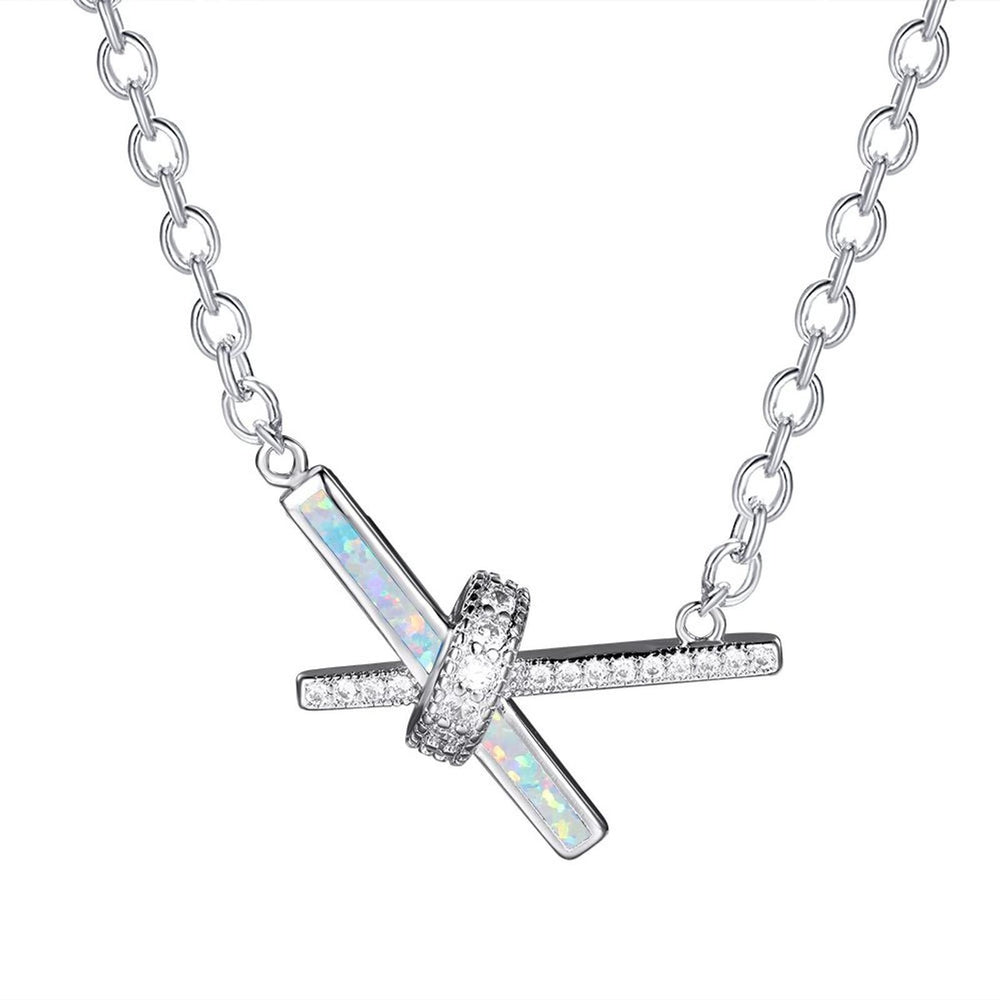 Silver-Tone Micro-Pave White Simulated Opal Crisscross Necklace
