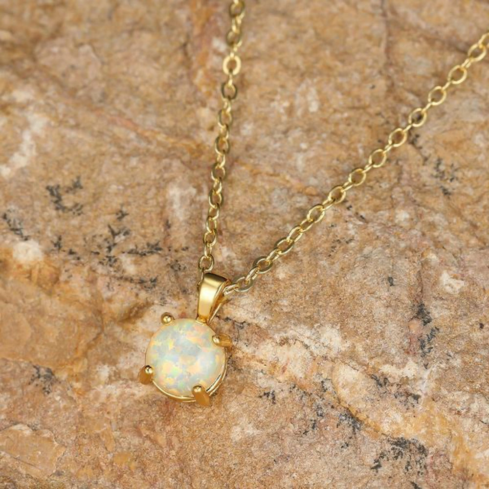 Gold-Tone Round White Simulated Opal Four-Prong Solitaire Pendant Necklace