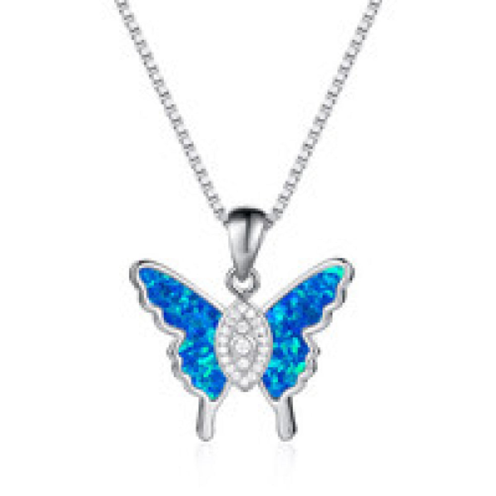 Silver-Tone Dimensional Blue Simulated Opal Evil Eye Pendant Necklace