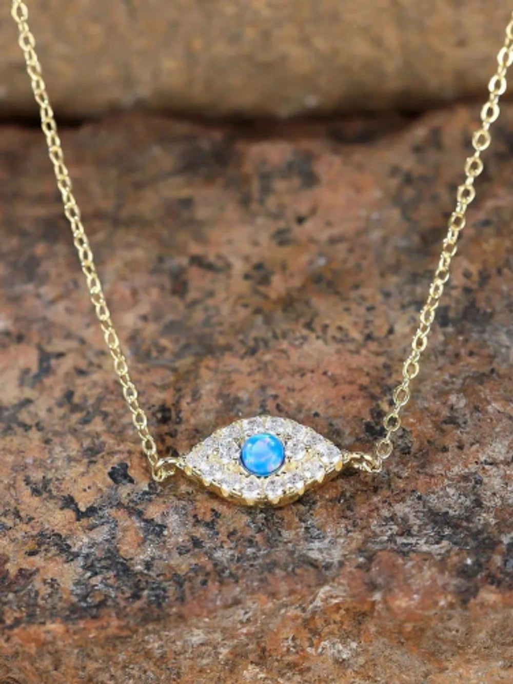 Gold-Tone Pave Blue Round Simulated Opal Evil Eye Necklace