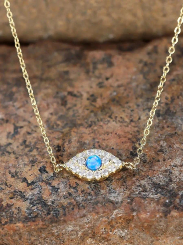 Gold-Tone Pave Blue Round Simulated Opal Evil Eye Necklace