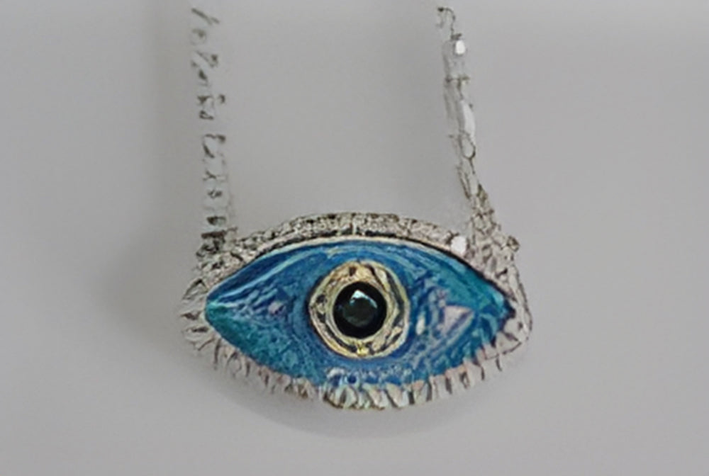 Silver-Tone Blue Simulated Opal Evil Eye Black Crystal Pendant Necklace