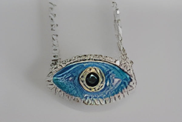 Silver-Tone Blue Simulated Opal Evil Eye Black Crystal Pendant Necklace