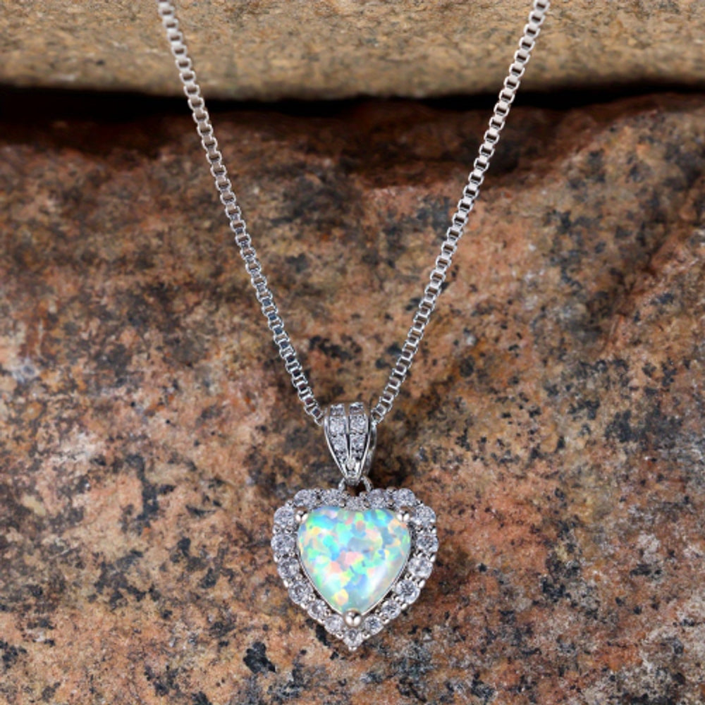 Silver-Tone White Simulated Opal Ocean Heart Necklace