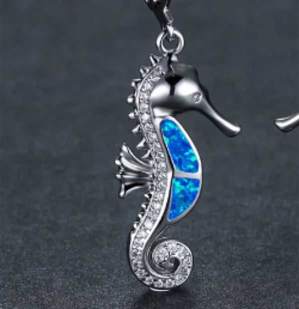 Silver-Tone Blue Simulated Opal Crystal Seahorse Pendant Necklace