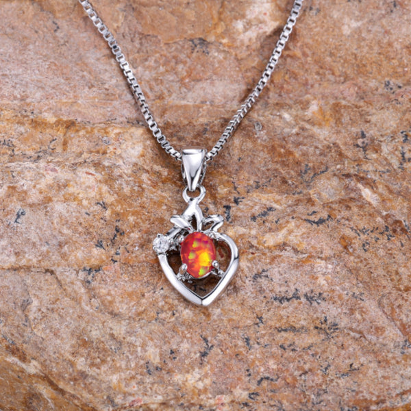 Silver-Tone Red Simulated Opal Open Heart Frame Pendant Necklace