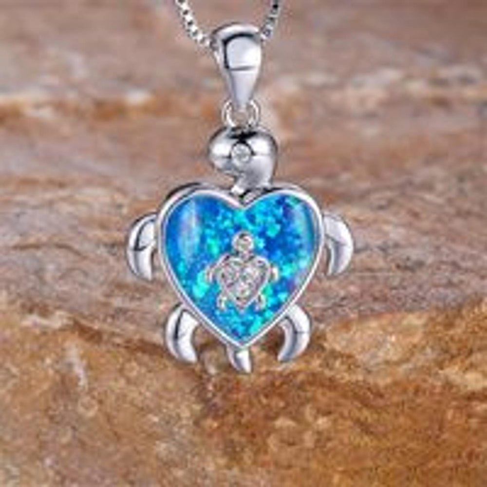 Silver-Tone Blue Simulated Opal Turtle Necklace