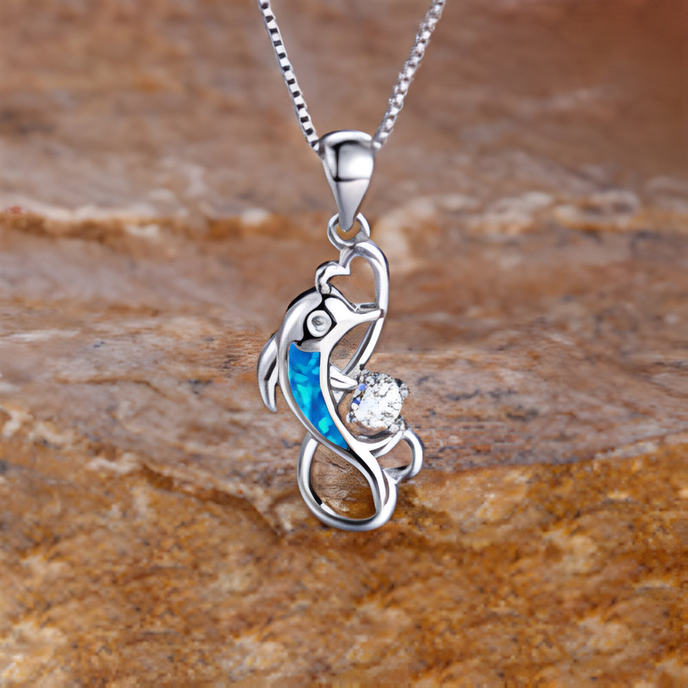 Silver-Tone Blue Simulated Opal Dolphin White Crystal Pendant Necklace