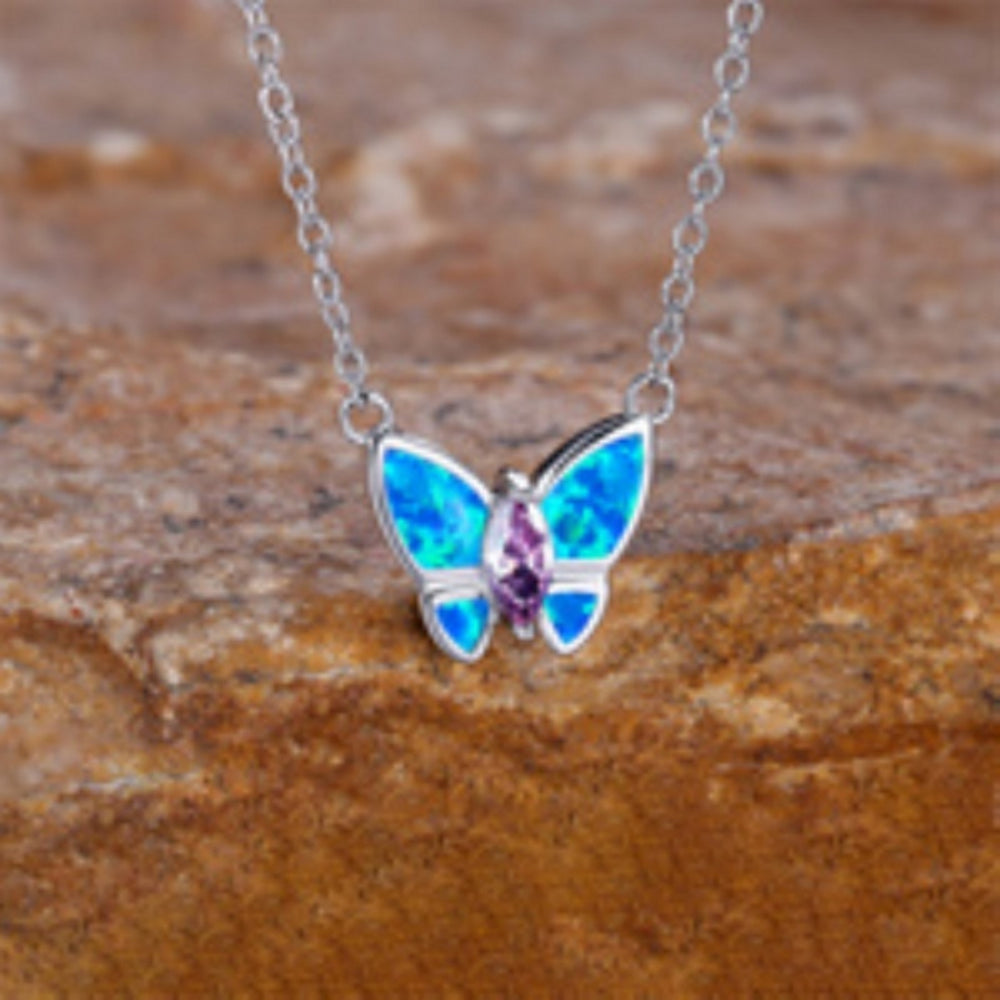 Silver-Tone Blue Simulated Opal Butterfly Necklace