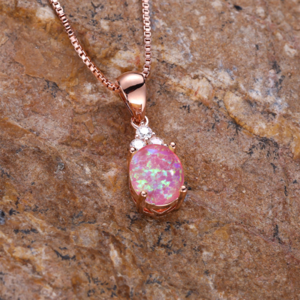 Rose Gold-Tone Oval Pink-Purple Simulated Opal Pendant Necklace With Crystals