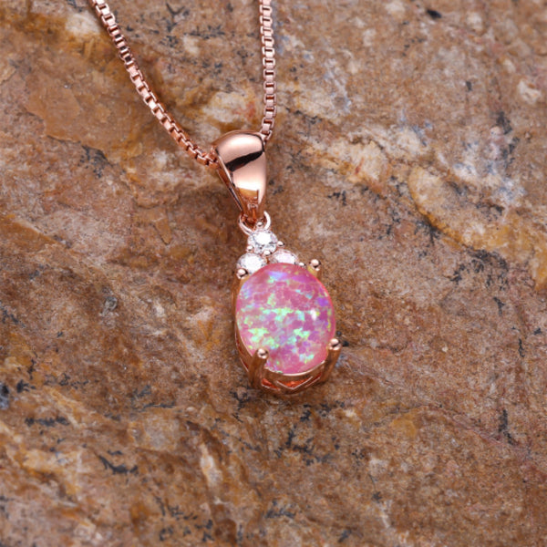 Rose Gold-Tone Oval Pink-Purple Simulated Opal Pendant Necklace With Crystals